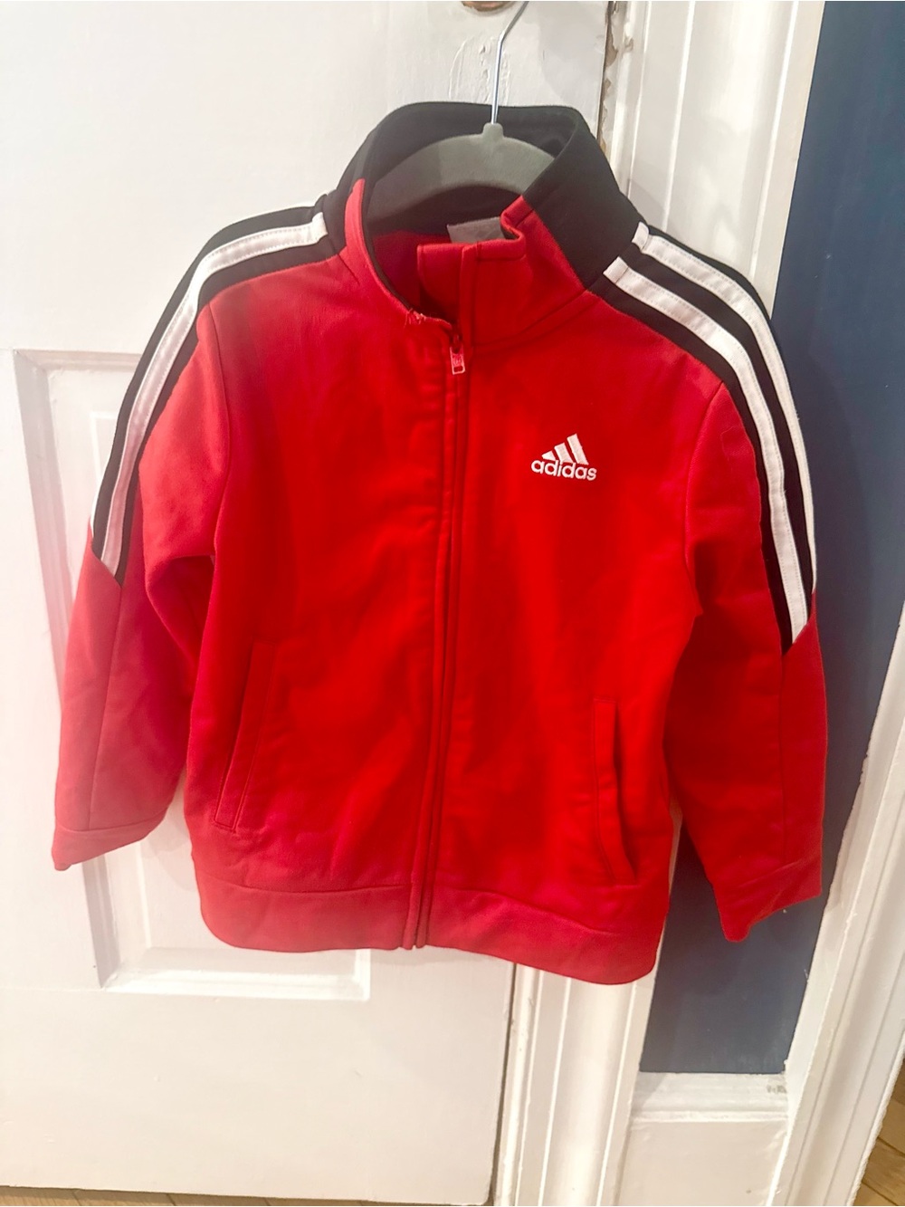 ADIDAS Red Kids Zip-Up Track Jacket with Black Collar and White Stripes